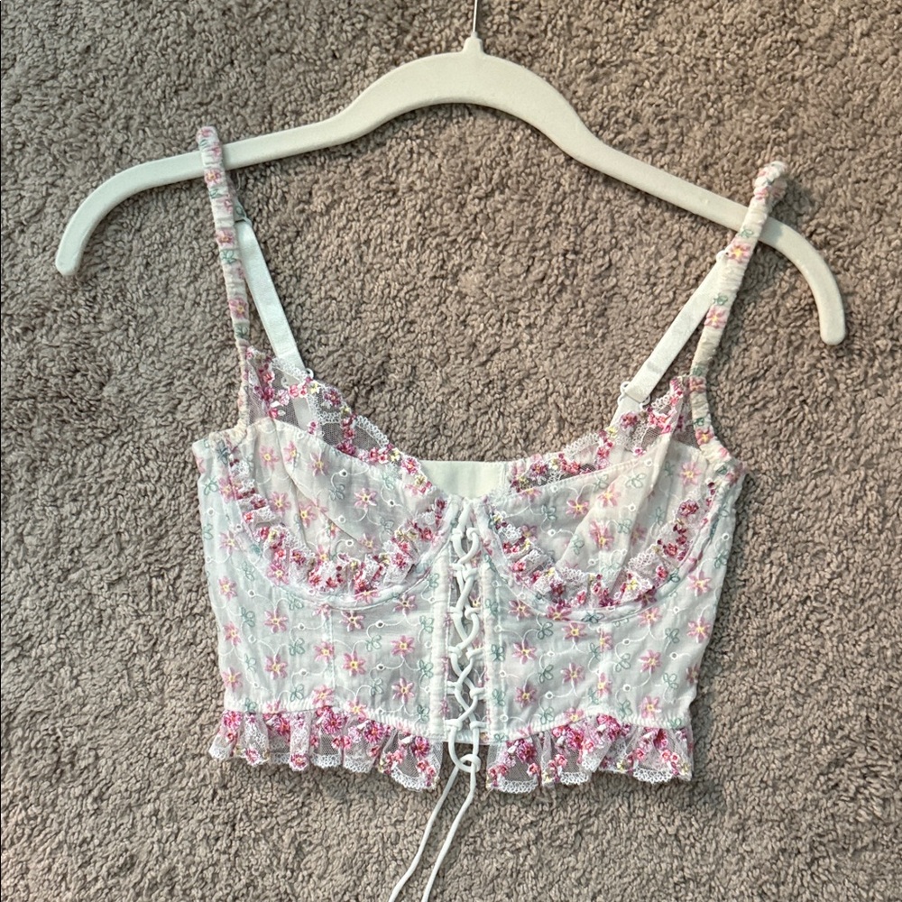 For Love And Lemons Pink Floral Lace-Up Camisole